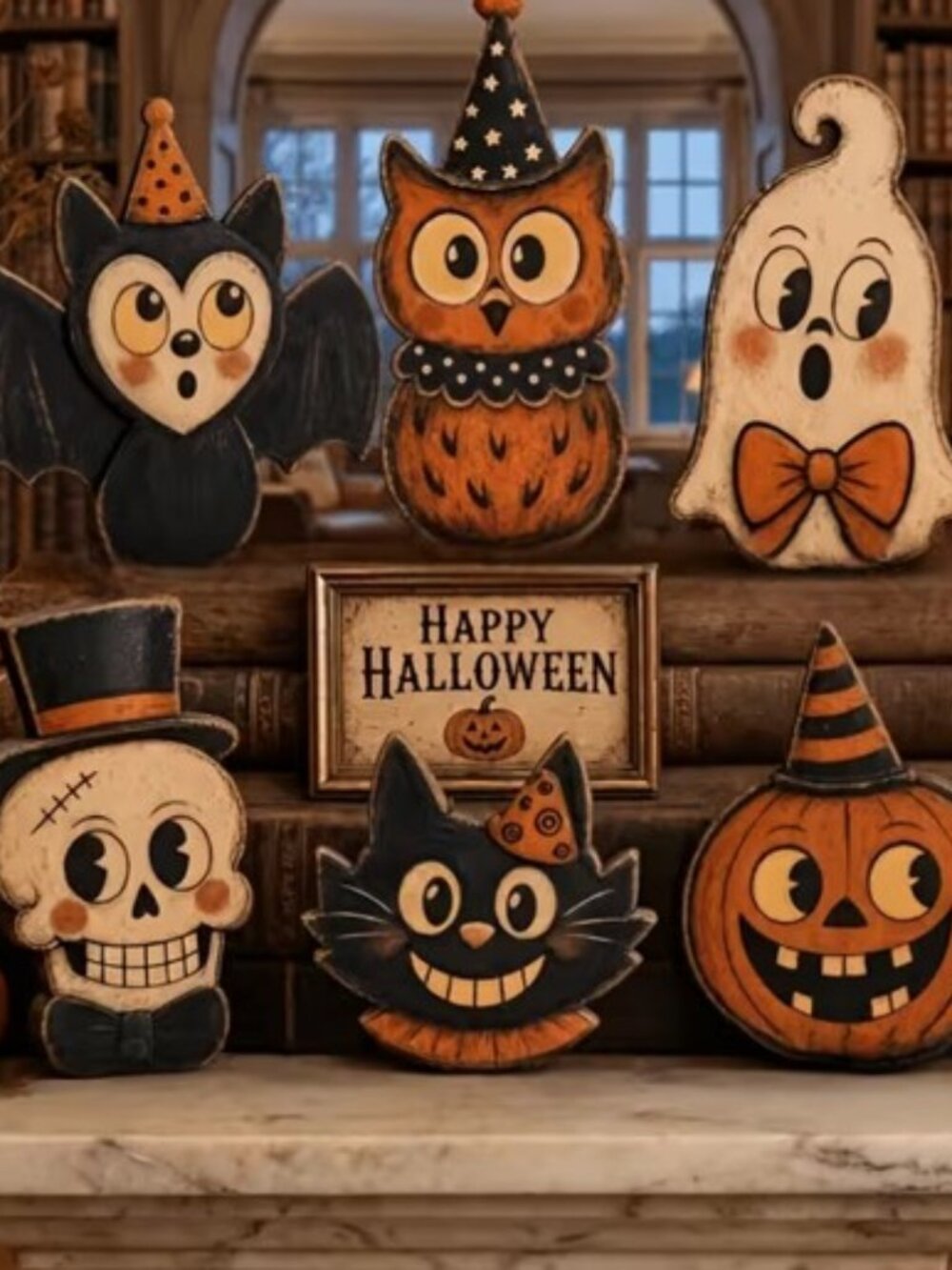 Halloween Wood Decor Set Ghost Pumpkin Cat Witch Owl 6pc Retro New